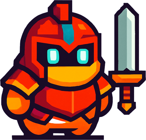 Crea un personaje estilo pixel art, un guerrero simple y fácil de animar. No debe tener manos ni piernas visibles, solo un cuerpo principal con forma redonda u ovalada. El diseño debe sugerir que es un guerrero usando colores llamativos, ojos brillantes o una armadura pixelada pegada al cuerpo. Puede tener una espada flotando al lado o en la espalda como decoración. Debe verse como un personaje de videojuego, pero sin partes que necesiten animación compleja..
In-Game asset.  2d.  High contrast.  No shadows