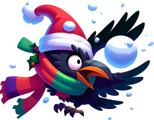 raven with christmas hat and colorful scarf got hit by a snowball in the air, he is shocked, cartoon Single Game Texture. In-Game asset. 2d. Blank background. High contrast. No shadows.