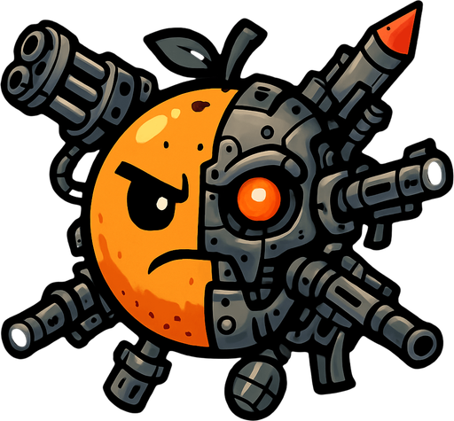 an orange circle with half of it being a cyborg and it is equiped with lots of weaponary.
In-Game asset.  2d.  High contrast.  No shadows