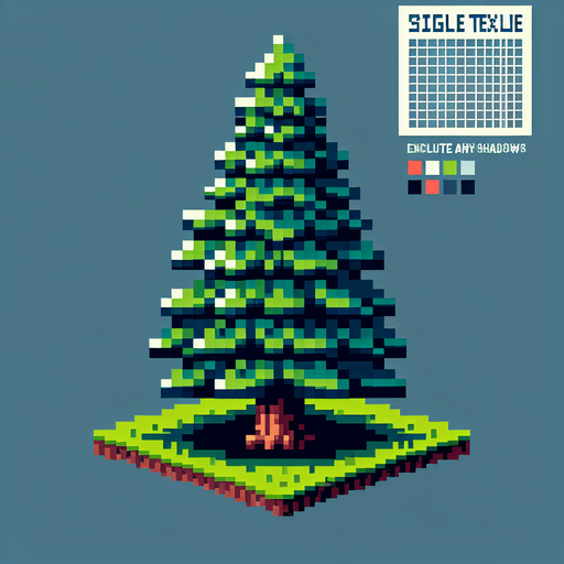 8-bit pine tree.
Single Game Texture. In-Game asset. 2d. Blank background. High contrast. No shadows.