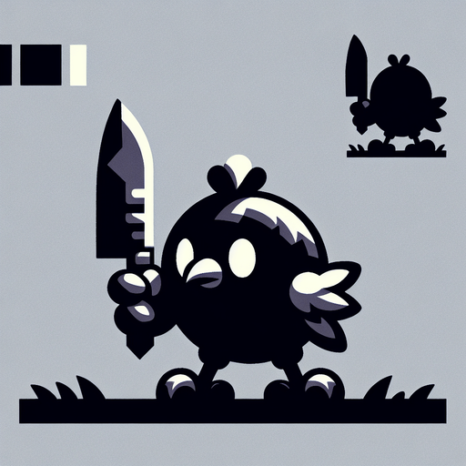 chick. knife. chick hold knife hand. 2D Single Monster. In-Game asset. 2d. Blank background. High contrast. No shadows..