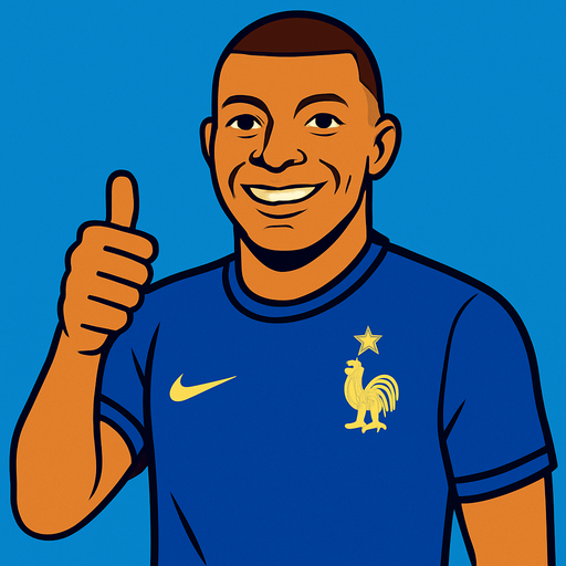 Kylian Mbappé wıth france futboll tshirt makıng thumbsup.
In-Game asset.  2d.  High contrast.  No shadows