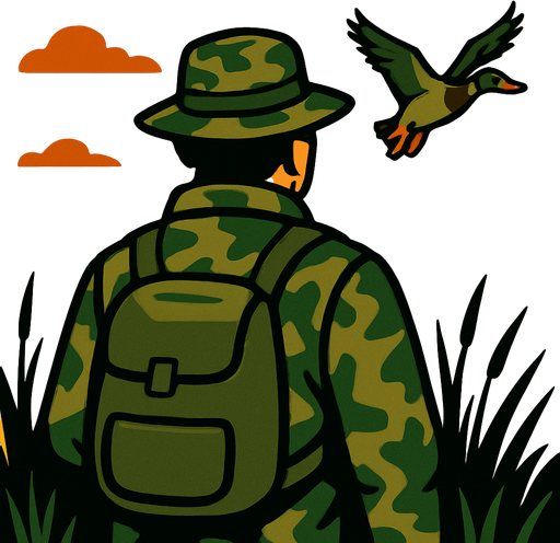 Duck hunter without gun from behind of him.
In-Game asset.  2d.  High contrast.  No shadows