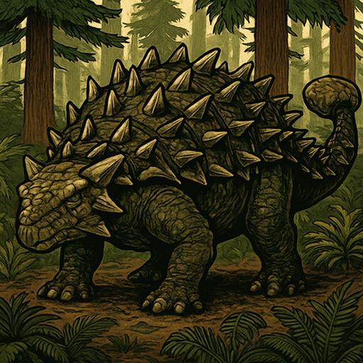 A large, heavily armored Ankylosaurus dinosaur standing in a prehistoric forest. Its body is covered with thick, bumpy, dark brown and olive-green armored plates and sharp spikes along its sides and back. The dinosaur has a broad, low head with small eyes and a short snout. Its massive tail ends with a large, club-like bony knob, ready to swing. The scene is lit by soft sunlight filtering through dense ancient conifers, with ferns and cycads on the ground. The texture of the skin is rough and scaly, showing detailed scales and scars from past battles. The overall style is realistic with natural colors and detailed textures, emphasizing the dinosaur’s power and defense..
In-Game asset.  2d.  High contrast.  No shadows