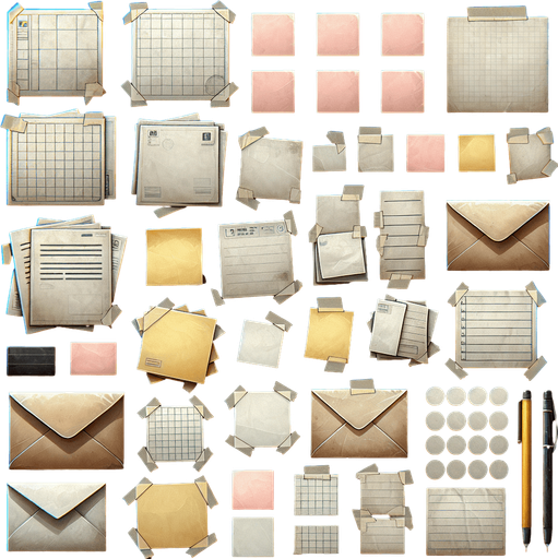 stick on papers and envelops.
Single Game Texture. In-Game asset. 2d. Blank background. High contrast. No shadows.