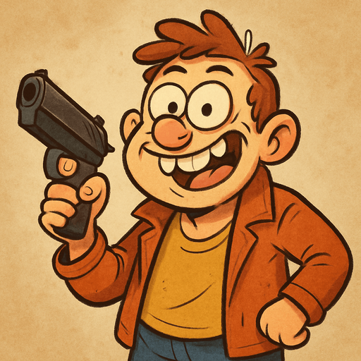 şakaci komik yüzlü salak gözüken ama cesur bir karakter pistol tutuyor.