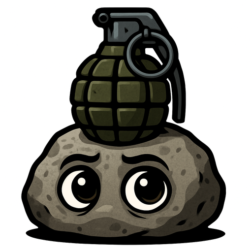 una piedra con ojos muy realista con una granada encima.
In-Game asset.  2d.  High contrast.  No shadows