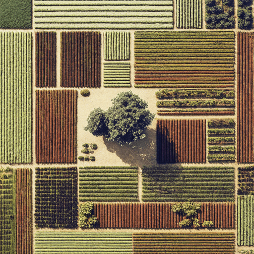 The same image, but in a lush and green setting, where grass is growing in all the fields