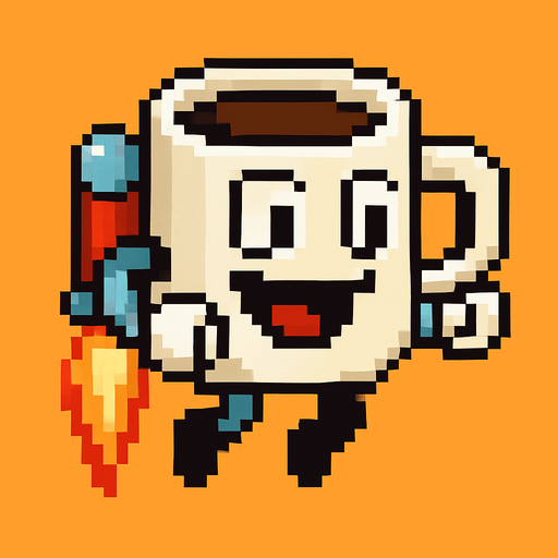 una tasa de cafe caricaturesca de pixeles con un jet pak.
In-Game asset.  2d.  High contrast.  No shadows