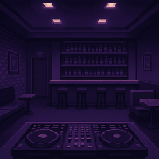 Pixel art background, 2048x2732 resolution, defeat screen for a rhythm game set in a moody bar. Dim lighting, purple and dark tones, empty DJ booth, quiet atmosphere, no characters or text..
In-Game asset.  2d.  High contrast.  No shadows