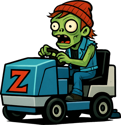 Un zombi con piel verdosa y pálida, cabello rojizo despeinado y un gorro de lana rojo. Viste un chaleco de mezclilla sin mangas sobre una camiseta negra y pantalones de mezclilla. Está sentado en un vehículo de mantenimiento de hielo azul y gris, similar a una Zamboni, con una gran "Z" roja en el frente. El vehículo tiene ruedas pequeñas y negras, y el Zomboni lo conduce con una expresión de asombro y determinación, con la boca abierta..
In-Game asset.  2d.  High contrast.  No shadows