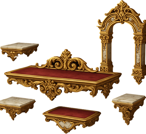 Design elegant, baroque-style 2D game platform with gold trim, carved floral designs, velvet or marble textures. Platform should feel like floating pieces of palace architecture — fancy, surreal, and majestic..
In-Game asset.  2d.  High contrast.  No shadows