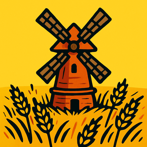 טחנת דגן בלב שדה חיטה עם רקע צהוב.
In-Game asset.  2d.  High contrast.  No shadows