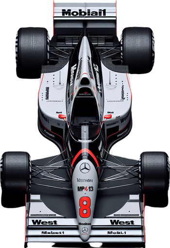 Mercedes-Benz MP4-13 F1 race car from 1999. TOP VIEW. 
BLACK & WHITE BODY. sIÉVER LIVERY Shiny-red arcs on both sides. Red 8 on nose 
Sponsor: "West" on rear wing. "Mobil1" on front wing..
Single Game Texture. In-Game asset. 2d. Blank background. High contrast. No shadows.