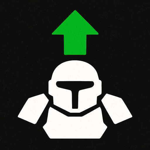Symbol for a spaceship armor upgrade using an green arrow pointing up and white coloring.
In-Game asset.  2d.  High contrast.  No shadows