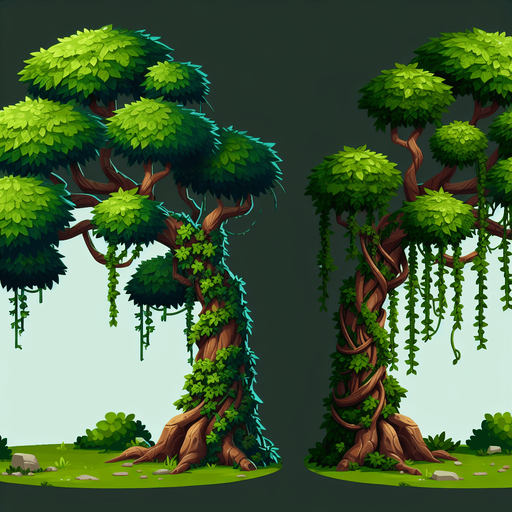 tree with vines.
In-Game asset.  2d.  Blank background.  High contrast.  No shadows