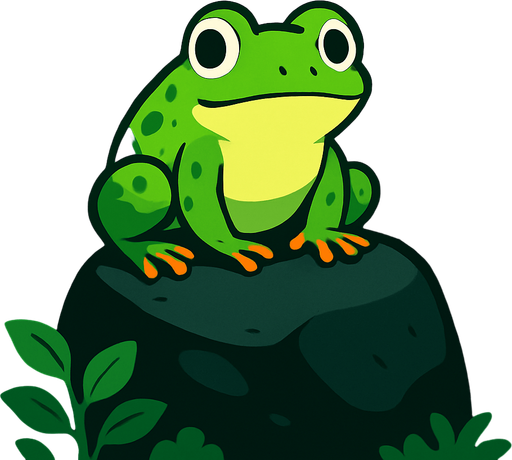 gambar 2d anime kodok hijau di atas batu hitam dalam hutan.
In-Game asset.  2d.  High contrast.  No shadows