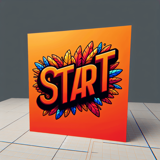 a orange SVG with big bold letters, that says start. a couple color feathers flying of the edge of the word.
Single Game Texture.  In-Game asset.  2d.  Blank background.  High contrast.  No shadows