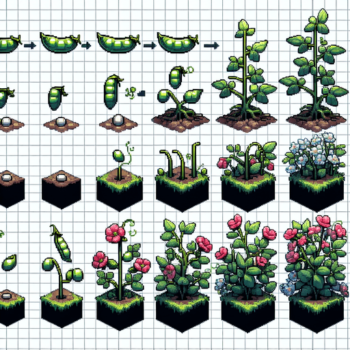 A spritesheet showing a pea plant in various stages of germantion, from pea over sapling and to full grown plant with colorful flowers, and then with ripe pea pods. The sprites should be laid out in a rectangular grid with blank space between them..
Single Game Texture. In-Game asset. 2d. Blank background. High contrast. No shadows.