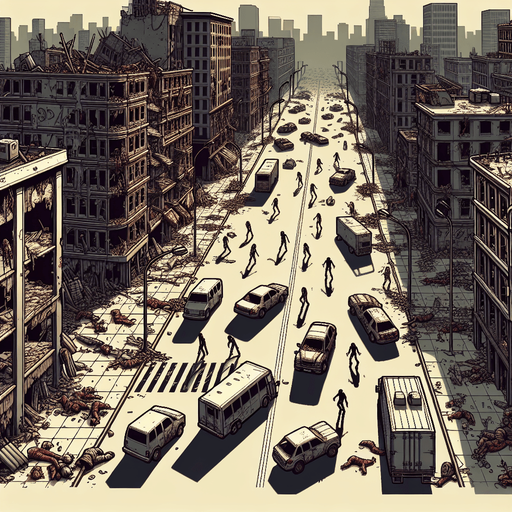 Zombie apocalypse city.
Single Game Texture.  In-Game asset.  2d.  Blank background.  High contrast.  No shadows