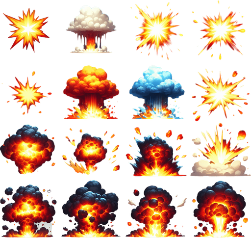 explosion.
Single Game Texture.  In-Game asset.  2d.  Blank background.  High contrast.  No shadows