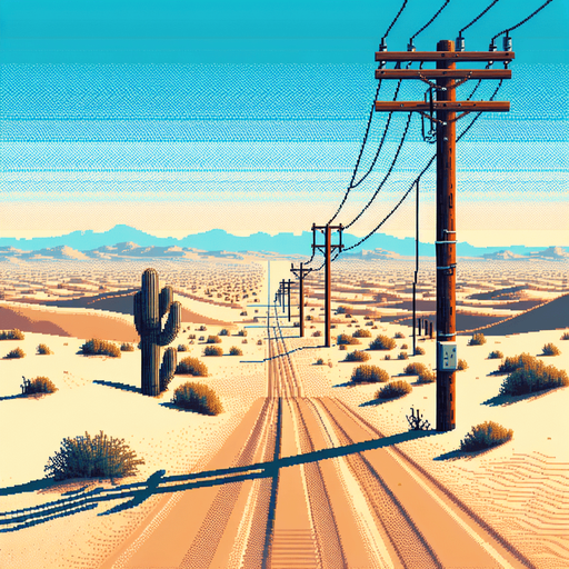 wooden electric pole on a desert road.
video game style