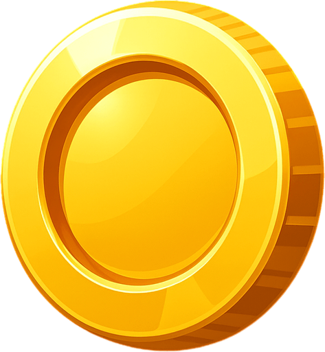 Create a shiny golden coin (token) asset for a game. The coin should have a polished, reflective surface with subtle engravings or ridges around the edge. It should look 3D with soft highlights and shadows to give depth. The size should be suitable as a collectible power-up floating slightly above the ground. Style should be clean and vibrant, fitting a modern arcade or action game..
In-Game asset.  2d.  High contrast.  No shadows