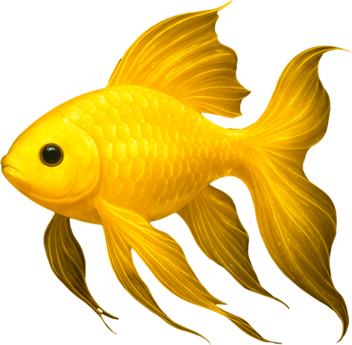 A conceptual design of a golden, yellow-colored fish with a unique, bioluminescent quality. Its body is a vibrant yellow-gold, and the scales appear to subtly glow, as if illuminated from within. Its fins are long and flowing, resembling flowing silk, giving the fish an ethereal quality. The fish's eyes are large and black, providing a stark contrast to its bright body. It's swimming in a dark, deep-blue water, creating a dramatic visual effect. The colors and the composition are rendered in a high-resolution image with a sharp focus, ensuring every detail of the fish's body and its bioluminescence is visible, creating a visually stunning and memorable artwork..
In-Game asset.  2d.  High contrast.  No shadows. fish