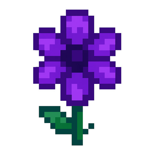 una flor morada de pixeles.
In-Game asset.  2d.  High contrast.  No shadows