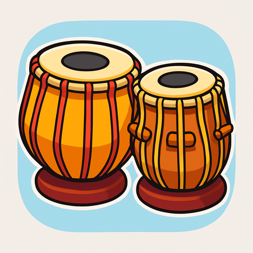 A colorful, cartoon-style illustration of a traditional Indian tabla drum set with two hand drums (bayan and dayan). Soft shadows, clean outline, slightly 3D style, transparent rounded background. Mobile game-friendly icon..
In-Game asset.  2d.  High contrast.  No shadows