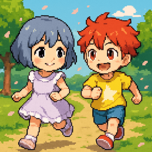 Yui y un niño anime, ambos de 5 o 6 años, corren por un parque soleado en una carrera infantil. Yui tiene el cabello corto, suave, azul grisáceo (HEX: #b0b9d8) y ojos negros. Lleva un vestido lavanda claro con volantes blancos y zapatillas blancas con detalles rosa pastel. Sonríe tímidamente con mejillas sonrojadas mientras corre con pasos pequeños.

El niño tiene cabello pelirrojo alborotado y ojos rojos intensos. Lleva una camiseta amarilla brillante con una estrella blanca, pantalones cortos azul claro y zapatillas rojas. Corre con energía, sonriendo ampliamente, mirando a Yui con entusiasmo.

La escena está en Pixel Art, con césped verde, árboles y pétalos flotando. Ambos se ven felices, reflejando un momento puro de infancia.