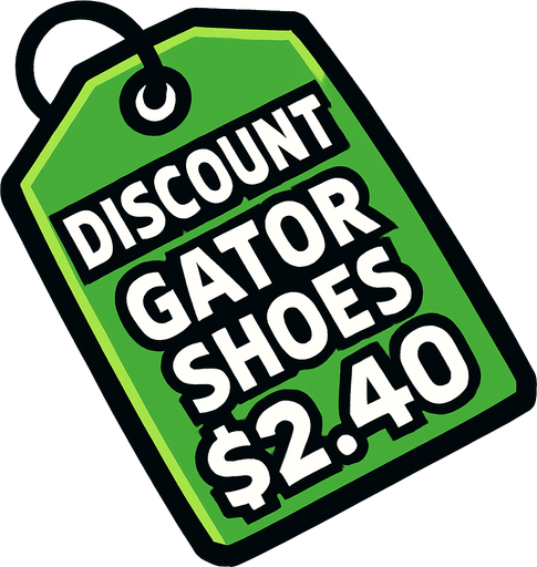 Green pricetag that says discount gator shoes $2.40.
In-Game asset.  2d.  High contrast.  No shadows