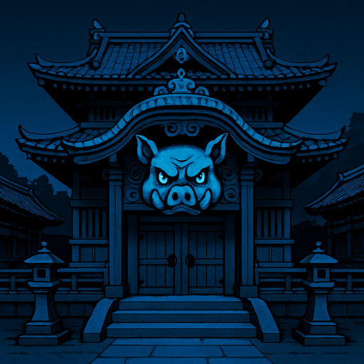 realistic 2d anime style front field old samurai palace temple with pig evil ornament at midnight.
In-Game asset.  2d.  High contrast.  No shadows