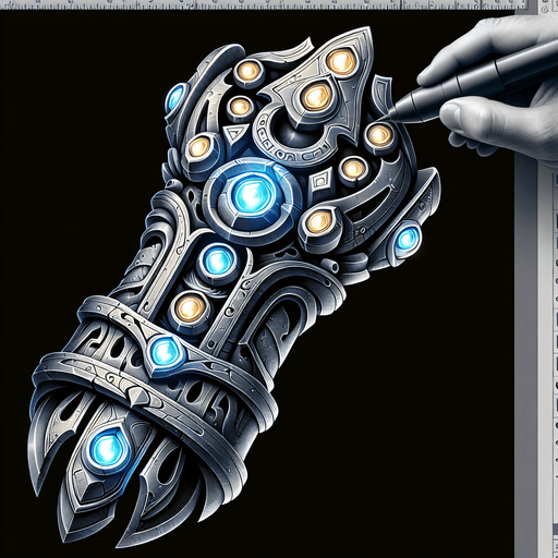A stylized metallic bracer or weapon hilt showing empty sockets being filled by small, glowing runes or gems..
Single Game Texture.  In-Game asset.  2d.  Blank background.  High contrast.  No shadows