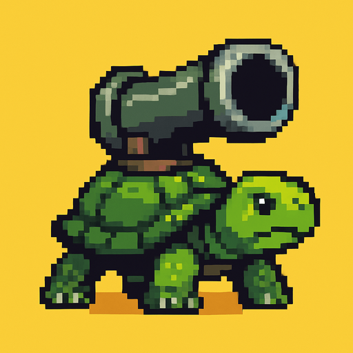 a turtle with a canon on her shell, pixelart.
In-Game asset.  2d.  High contrast.  No shadows