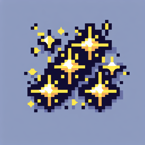 3 yellow sparkles, pixelart, no background
Single Game Texture. In-Game asset. 2d. High contrast. No shadows.