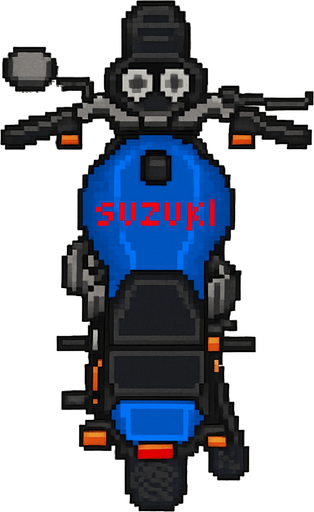 bird's eye pixel art motorcycle suzuki.
In-Game asset.  2d.  High contrast.  No shadows