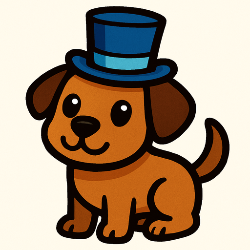 Brown dog with a blue top hat. 🎩.
In-Game asset.  High contrast.  No shadows. 2d.