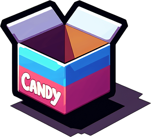 scatola vuota, ma colorata con scritta candy.
Single Game Texture. In-Game asset. 2d. Blank background. High contrast. No shadows.