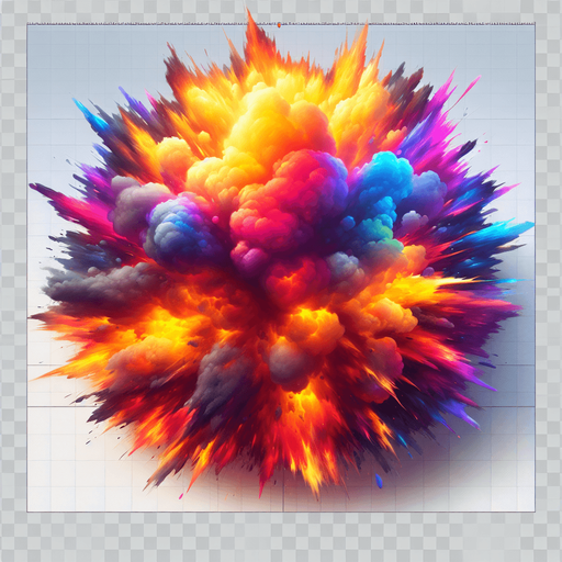 A realistic looking explosion, viewed from above. Bright coloured fire
Single Game Texture. In-Game asset. 2d. Blank background. High contrast. No shadows.