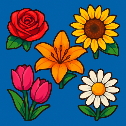 Blossom match with rose,lily,sunflower,tulips,and daisy. Vibrant..
In-Game asset.  2d.  High contrast.  No shadows