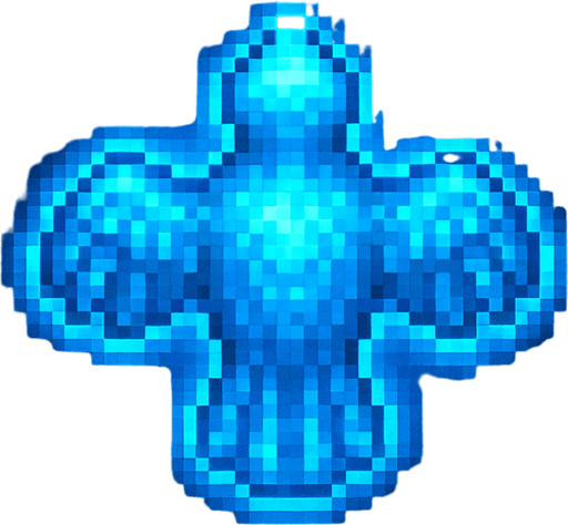 "Top-down 2D pixel art of a bird, viewed from a perfect 90-degree angle directly overhead (true bird’s-eye view), facing away from the viewer (back view). A glowing blue aura. The entire character appears as a semi-transparent blue hologram, glowing slightly with a futuristic shimmer. The lighting is soft and ambient, suitable for a fantasy RPG game. Style is classic 16-bit RPG pixel art, SNES-era quality. Transparent background.".
In-Game asset.  2d.  High contrast.  No shadows