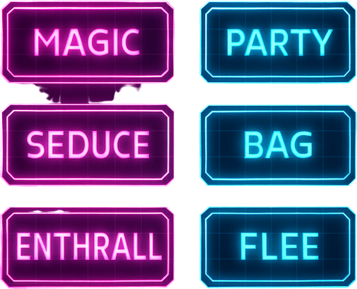 Neon cyberpunk combat menu MAGIC SEDUCE ENTHRALL PARTY BAG FLEE flat hologram glowing outline