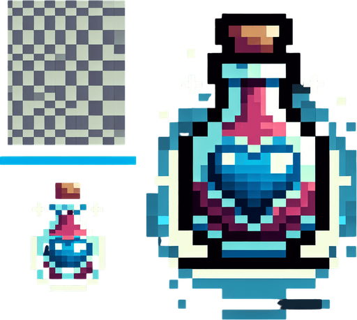 gothic pixel art potion with a blue heart symbol
Single Game Texture. In-Game asset. 2d. Blank background. High contrast. No shadows.