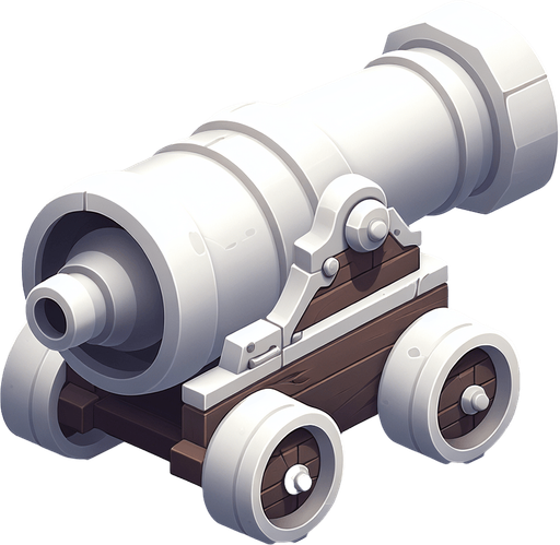 White cannon.
Single Game Texture.  In-Game asset.  2d.  Blank background.  High contrast.  No shadows
