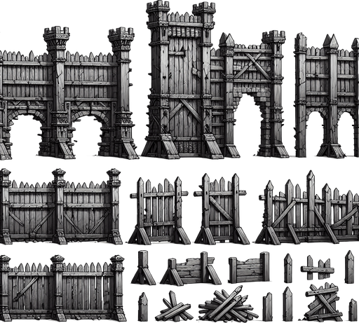 A spritesheet of tall wooden barricades and pallisades from medieval times, including some frames where these have been destroyed and broken into smaller parts..
Single Game Texture. In-Game asset. 2d. Blank background. High contrast. No shadows.