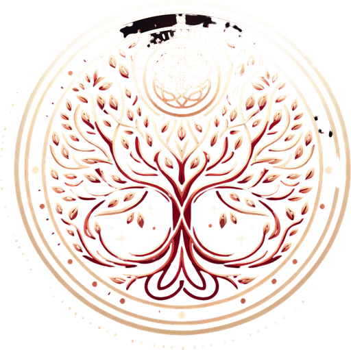A circular emblem with a tree at its center, its branches intertwining with a glowing red lineage symbol..
Colors: Deep red, gold, and subtle white highlights.