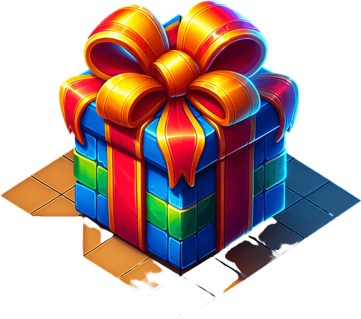 gift wrapped box, bright light colours. with bow on top Single Game Texture. In-Game asset. 2d. Blank background. High contrast. No shadows. Single Game Texture.