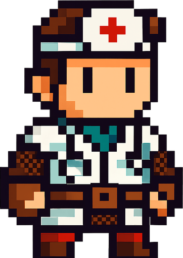 Genera una imagen de un médico guerrero pixel, y que su cabeza sea un poco más grande que el cuerpo. Y que no tenga armas 
In-Game asset.  2d.  High contrast.  No shadows
