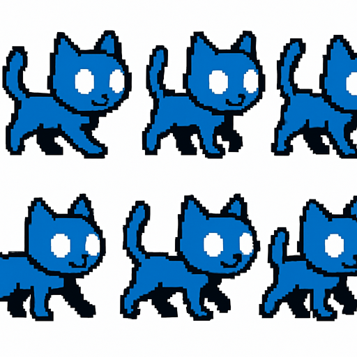 Haz los sprites de un gato azul sin pupilas caminando.
In-Game asset.  2d.  High contrast.  No shadows
